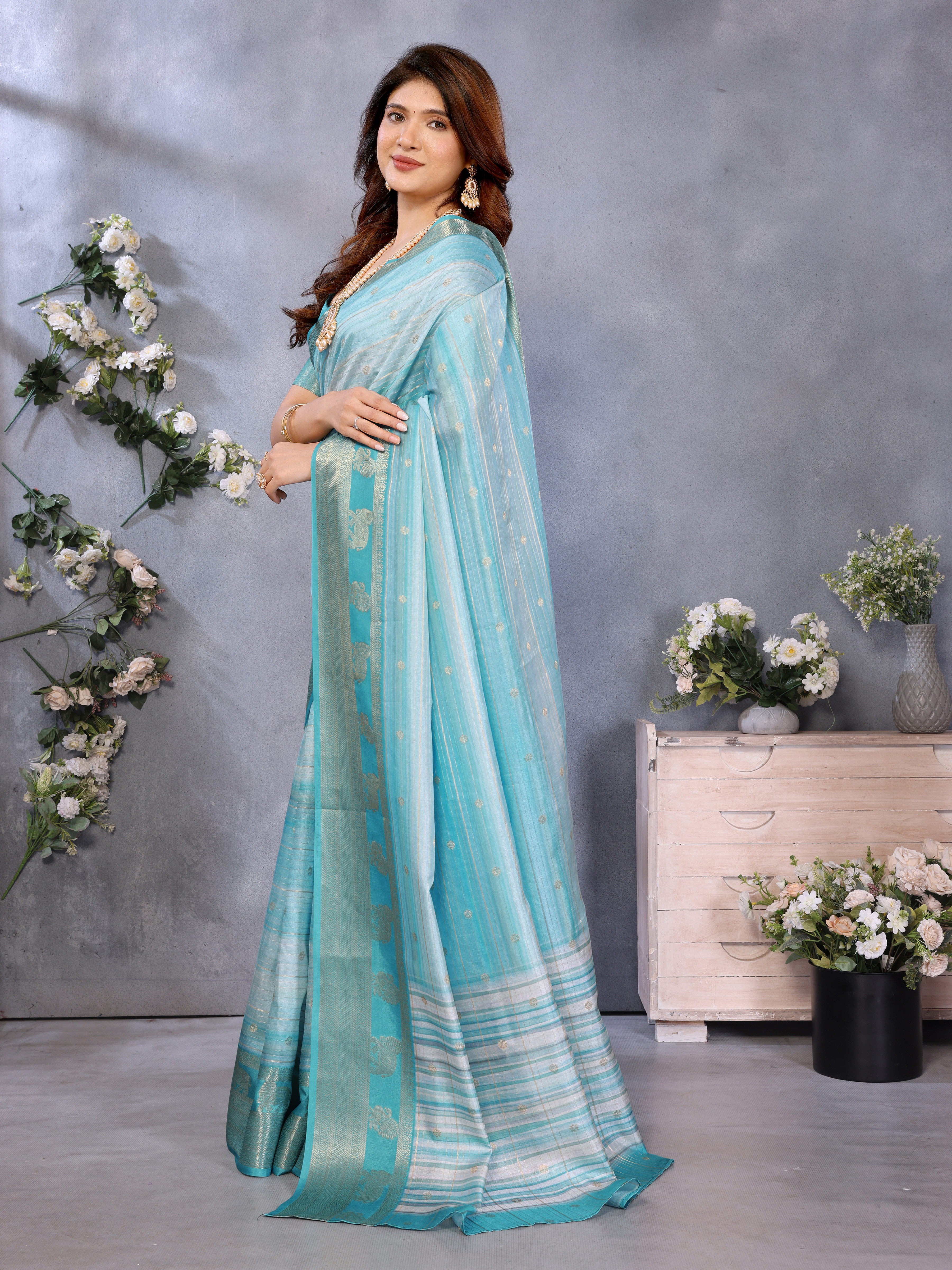 Light Blue Banarasi Jacquard Stripped Pattern Digital print