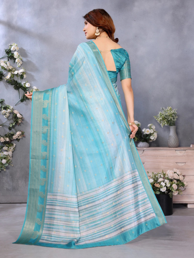Light Blue Dola Silk Stripped Printed Saree
