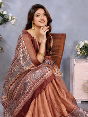 Brown Dola Jacquard Kalamkari Inspired Digital Print