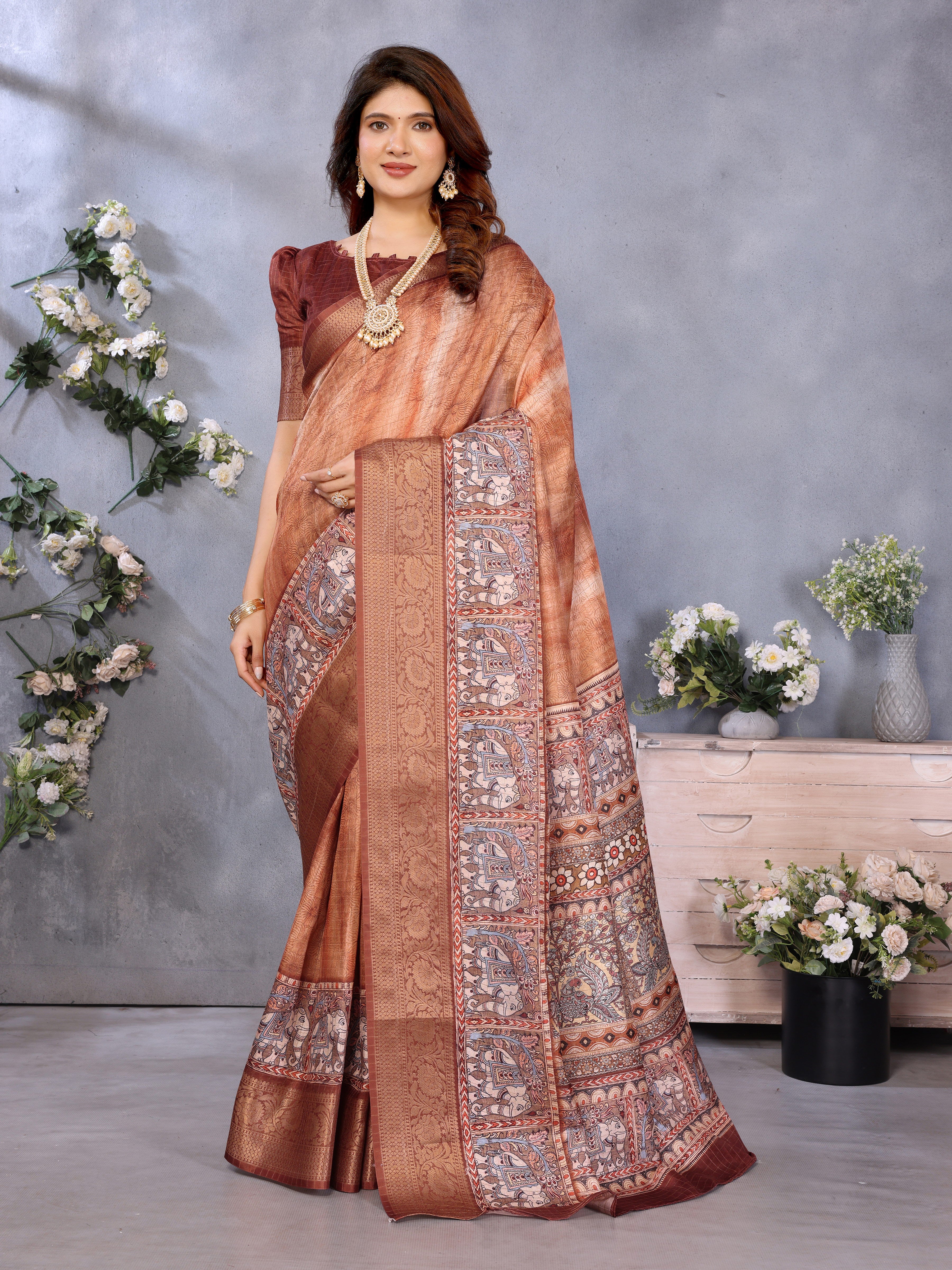 Brown Dola Jacquard Kalamkari Inspired Digital Print