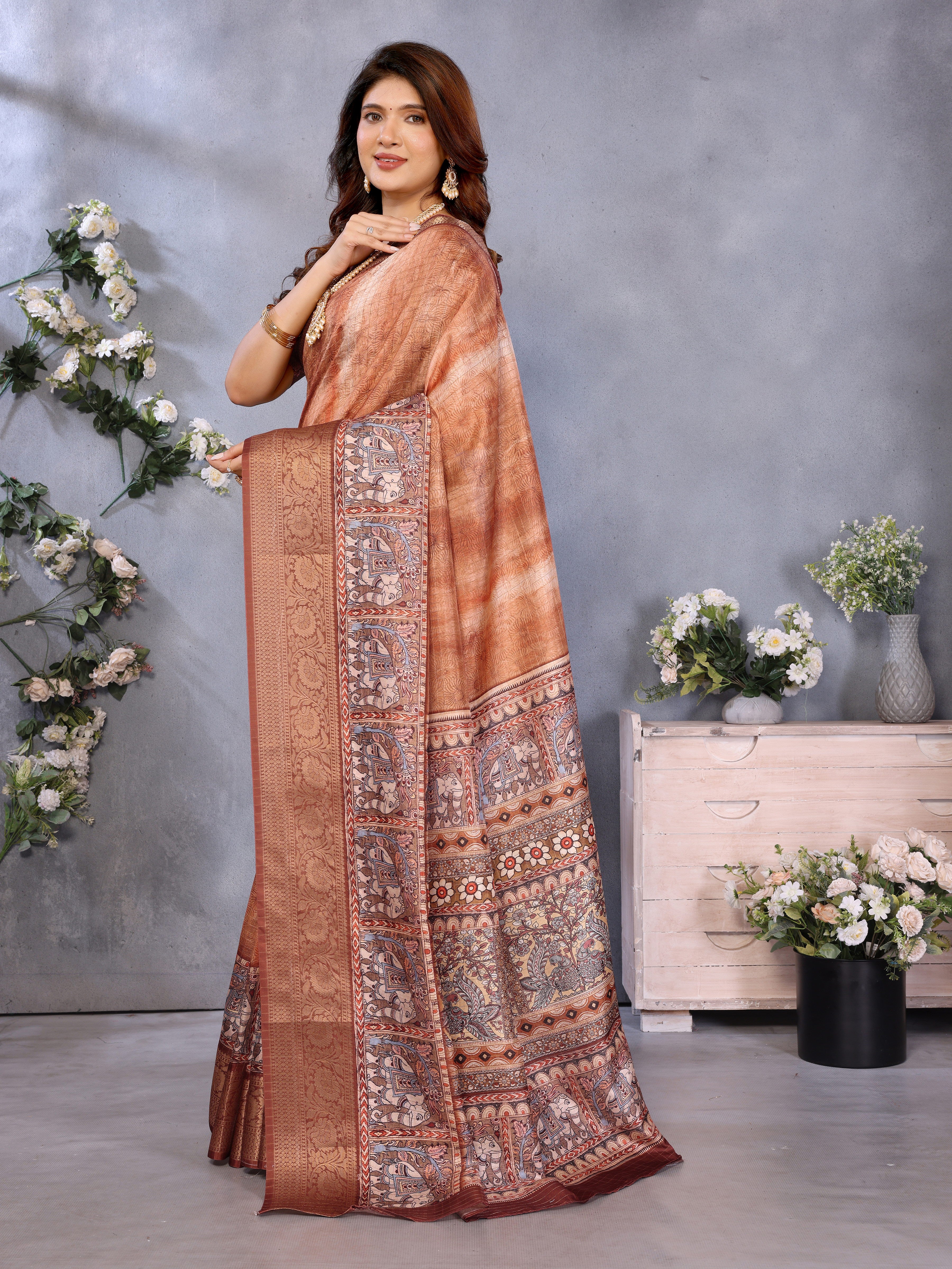 Brown Dola Jacquard Kalamkari Inspired Digital Print