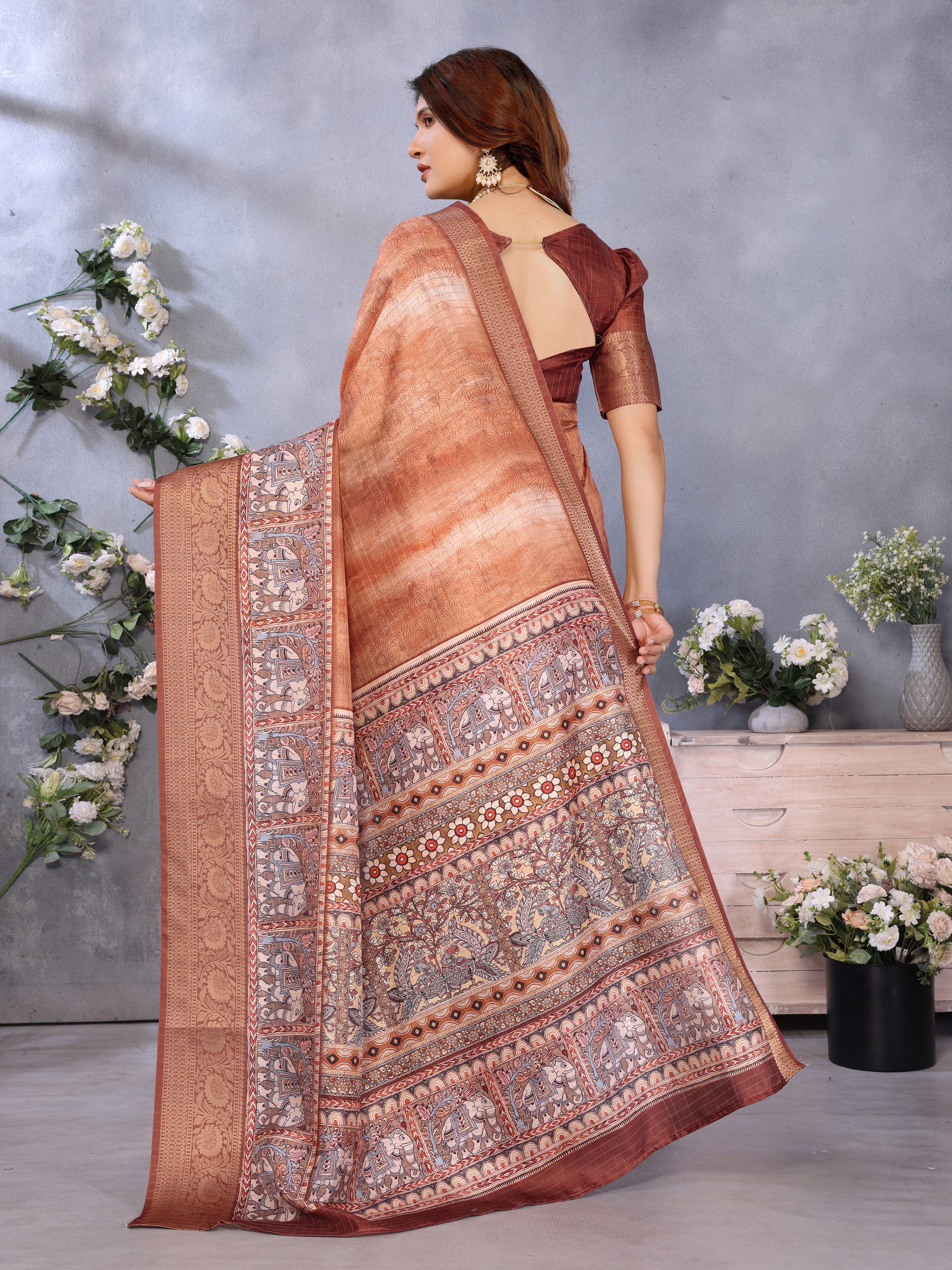 Brown Dola Jacquard Kalamkari Inspired Digital Print