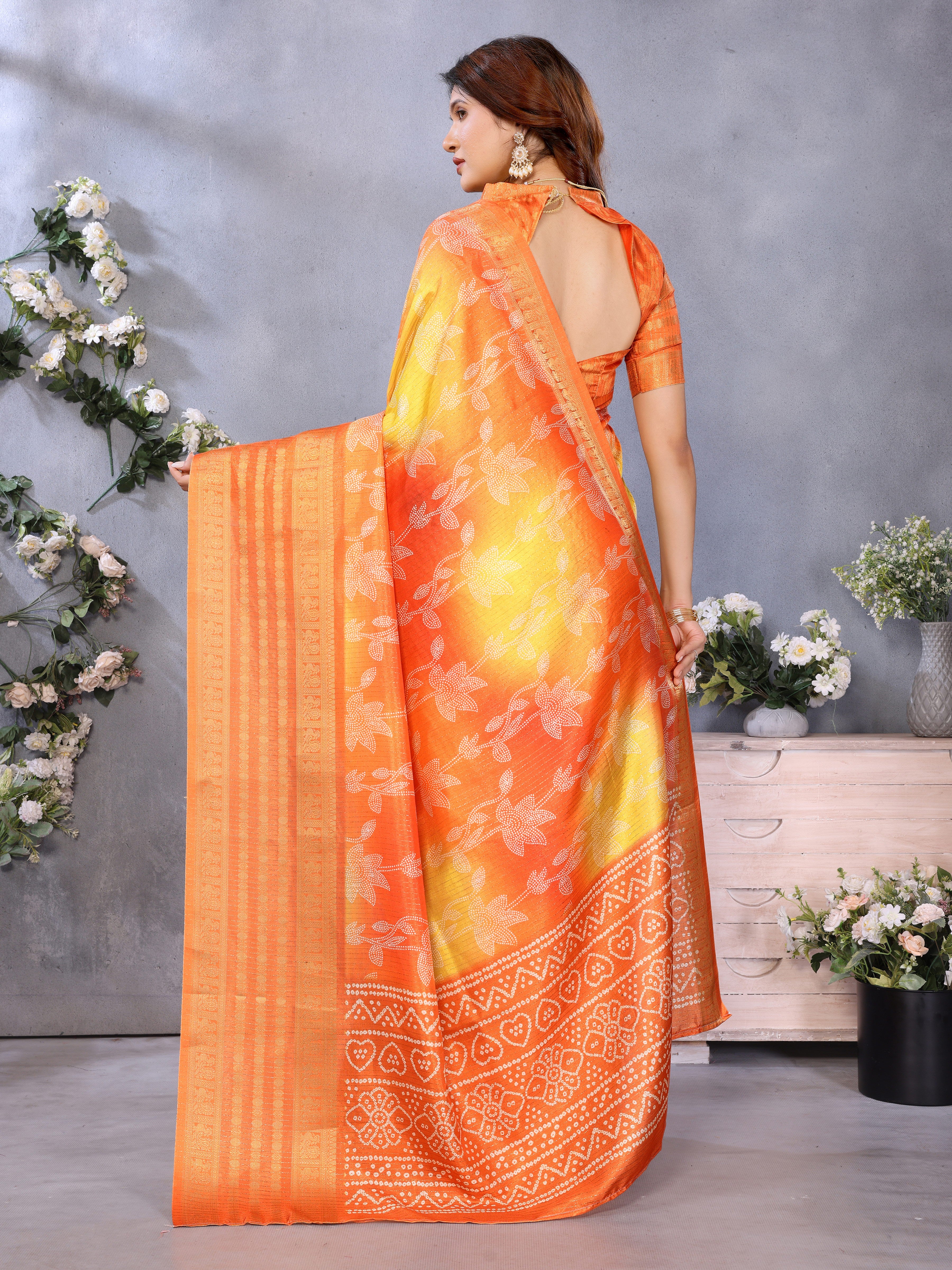 Orange Dola Jacquard Bandhani Floral Digital Print