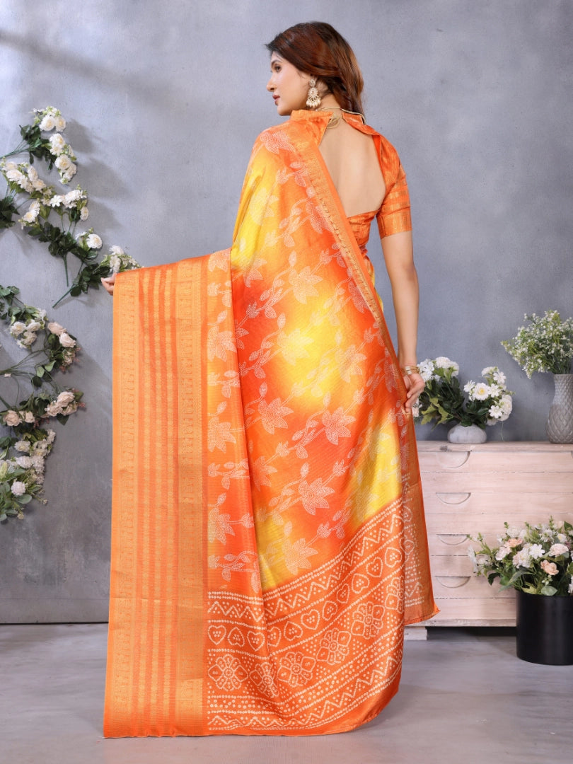 Orange Dola Jacquard Bandhani Floral Digital Print