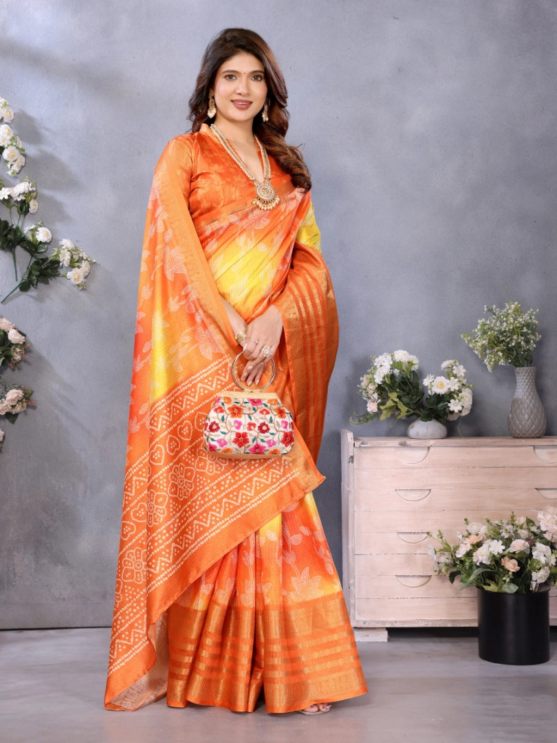 Orange Dola Jacquard Bandhani Floral Digital Print Secondary image
