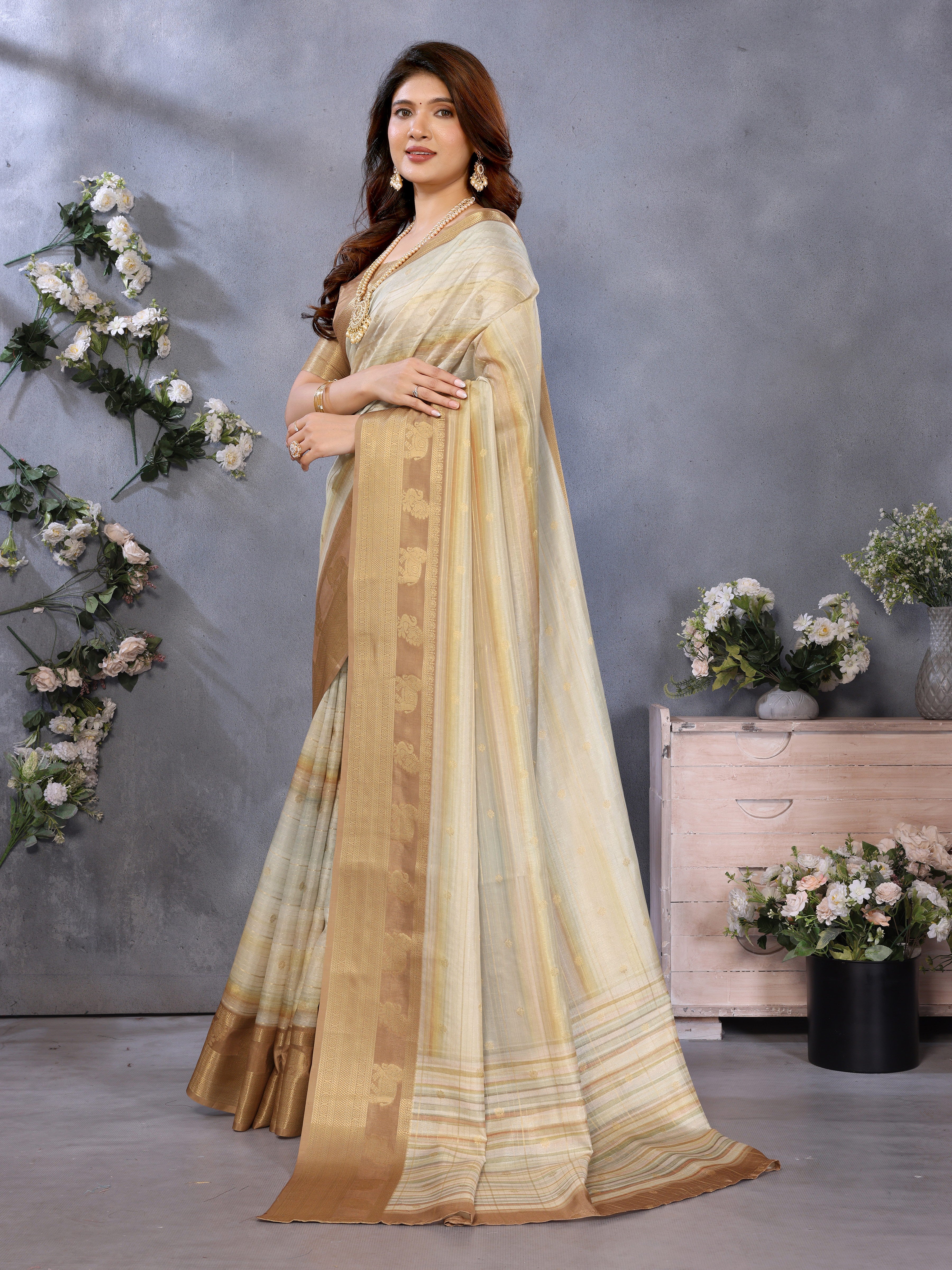 Beige Banarasi Jacquard Stripped Pattern Digital print