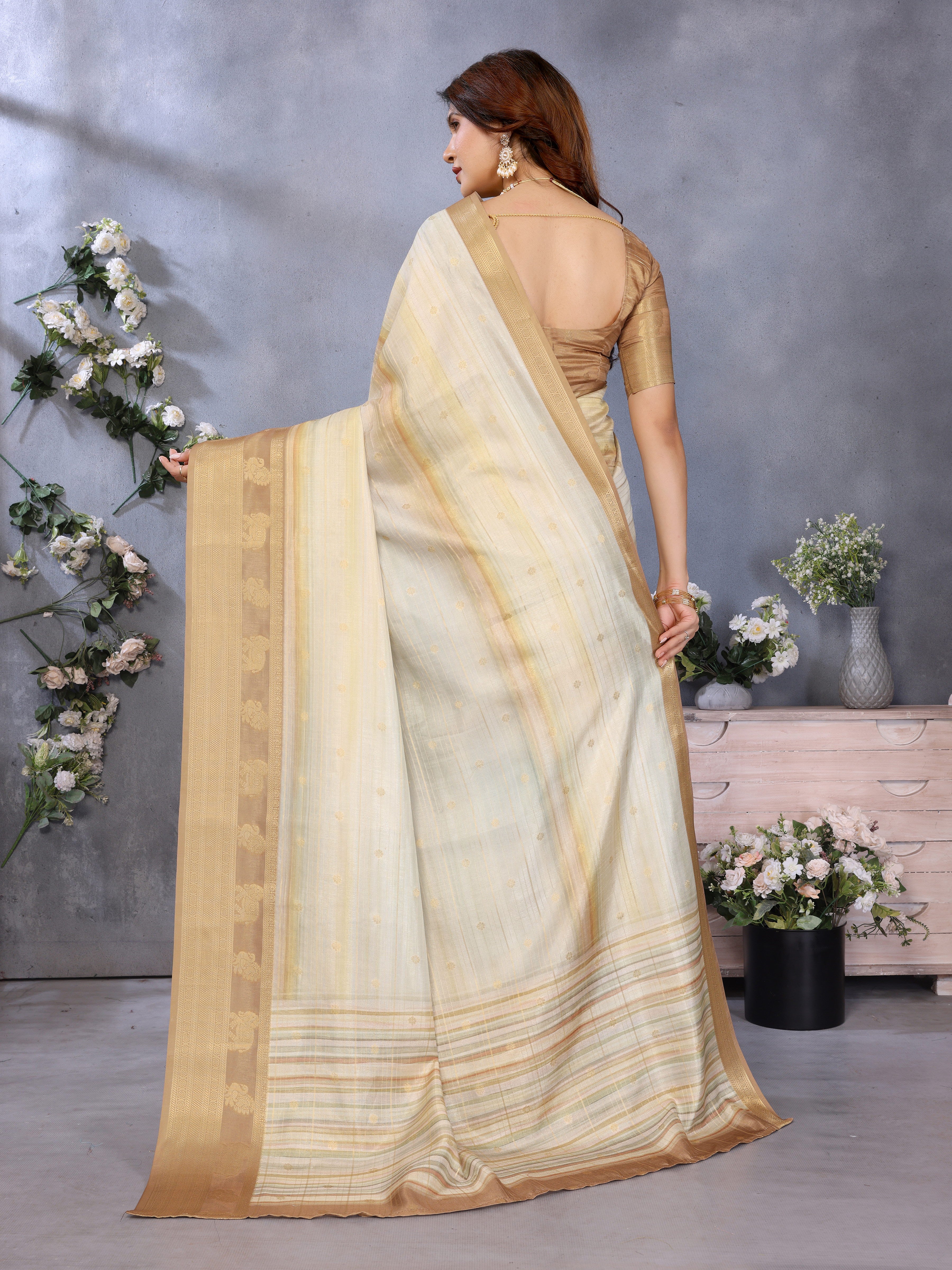 Beige Banarasi Jacquard Stripped Pattern Digital print