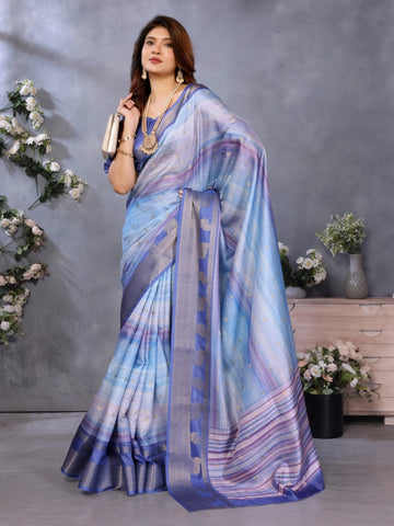 Navy Blue Dola Silk Stripped Printed Saree