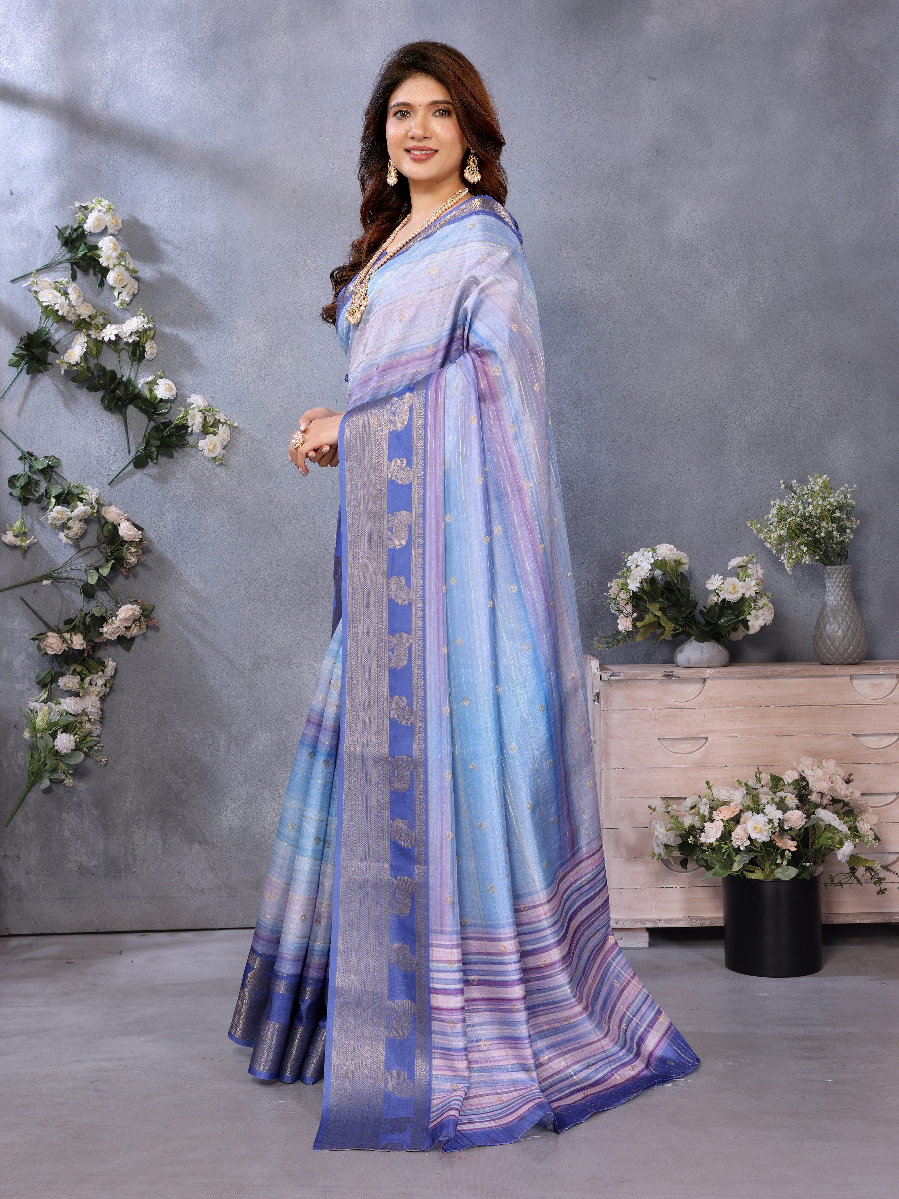 Navy Blue Banarasi Jacquard Stripped Pattern Digital print