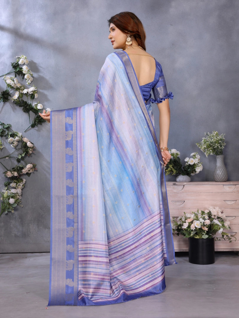Navy Blue Dola Silk Stripped Printed Saree