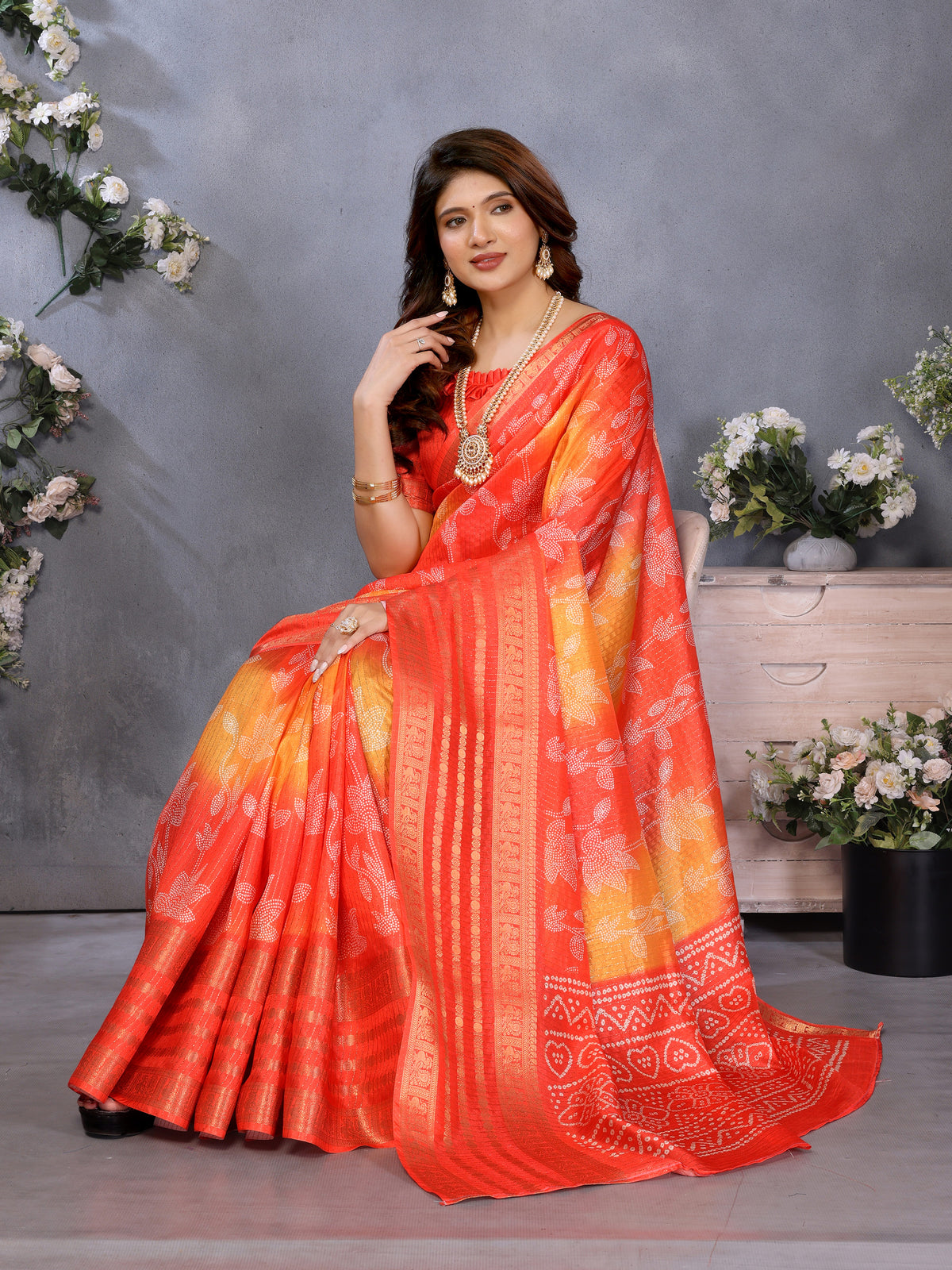 Red Dola Jacquard Bandhani Floral Digital Print