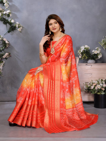 Red and Orange Dola Jacquard Bandhani Floral Digital Print