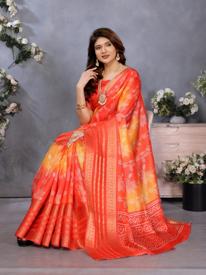 Red and Orange Dola Jacquard Bandhani Floral Digital Print