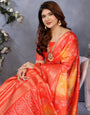 Red and Orange Dola Jacquard Bandhani Floral Digital Print