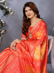 Red and Orange Dola Jacquard Bandhani Floral Digital Print