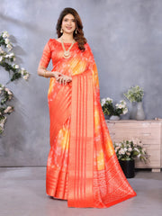 Red and Orange Dola Jacquard Bandhani Floral Digital Print