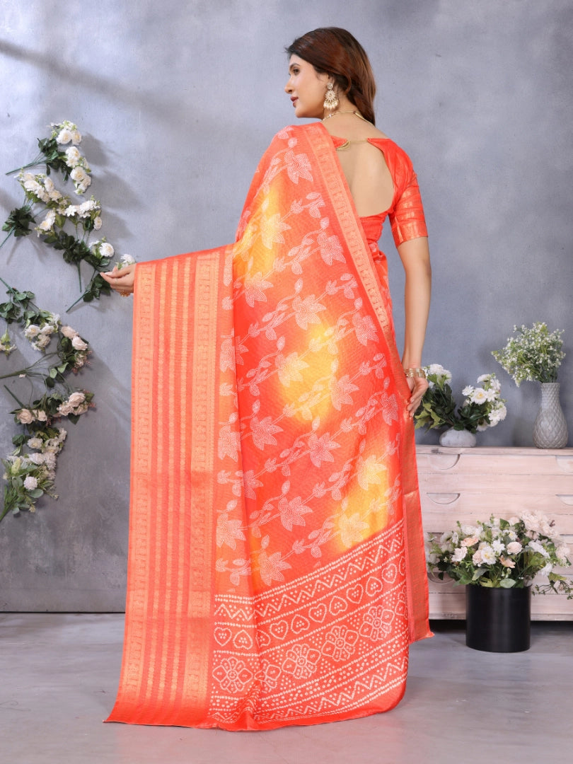 Red and Orange Dola Jacquard Bandhani Floral Digital Print