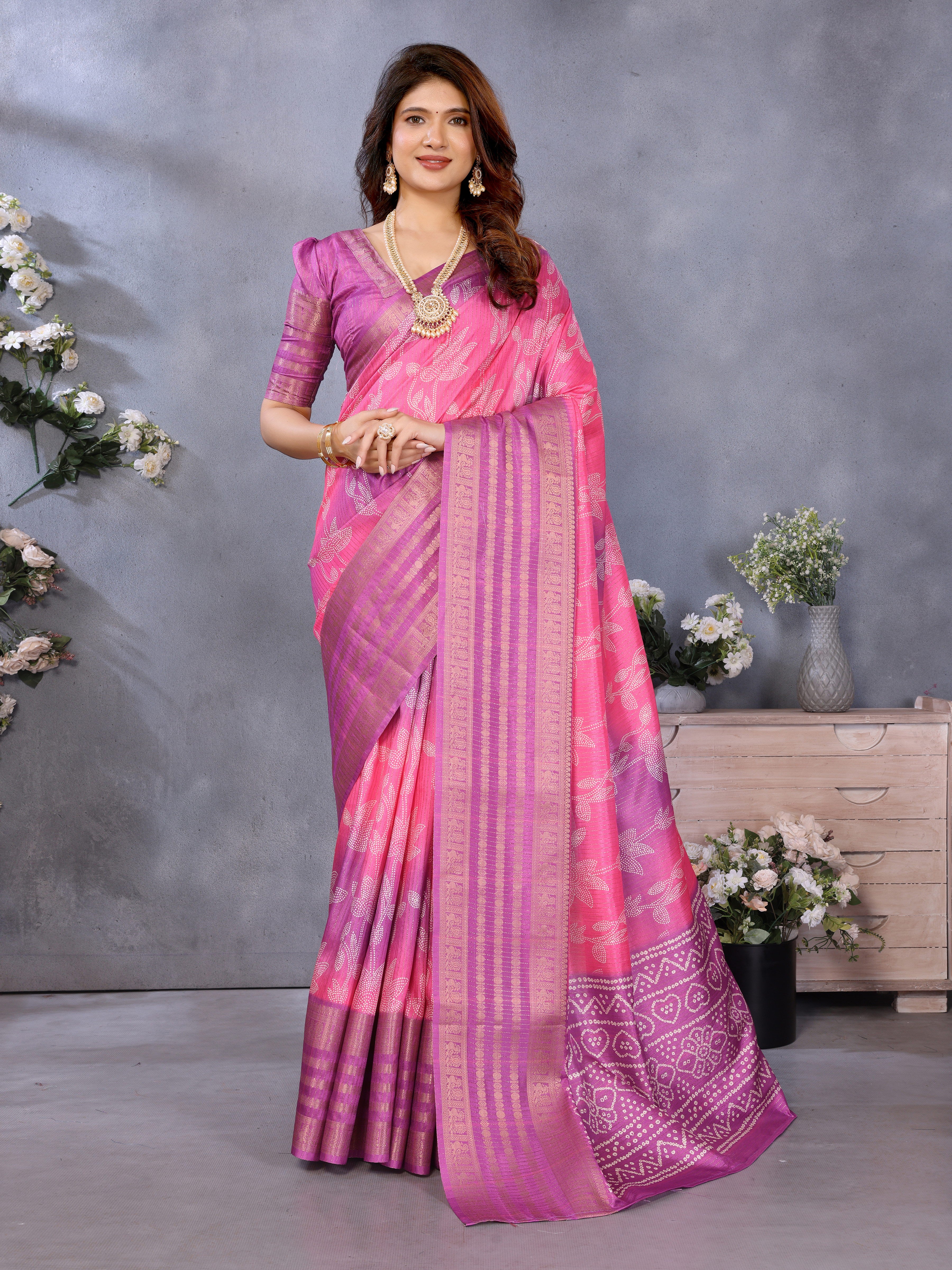 Rani Pink Dola Jacquard Bandhani Floral Digital Print