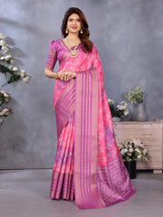 Rani Pink Dola Jacquard Bandhani Floral Digital Print