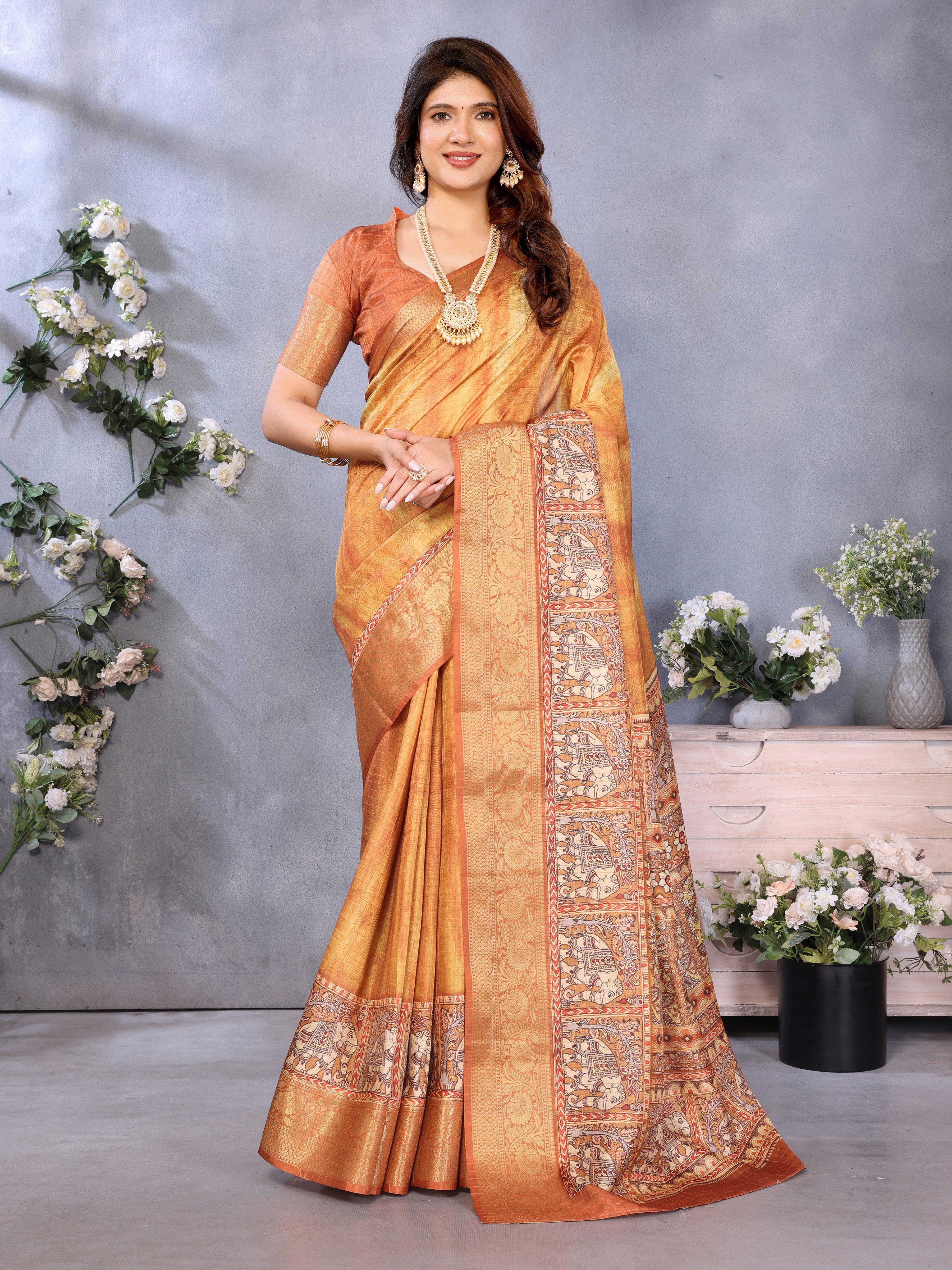 Orange Dola Jacquard Kalamkari Inspired Digital Print