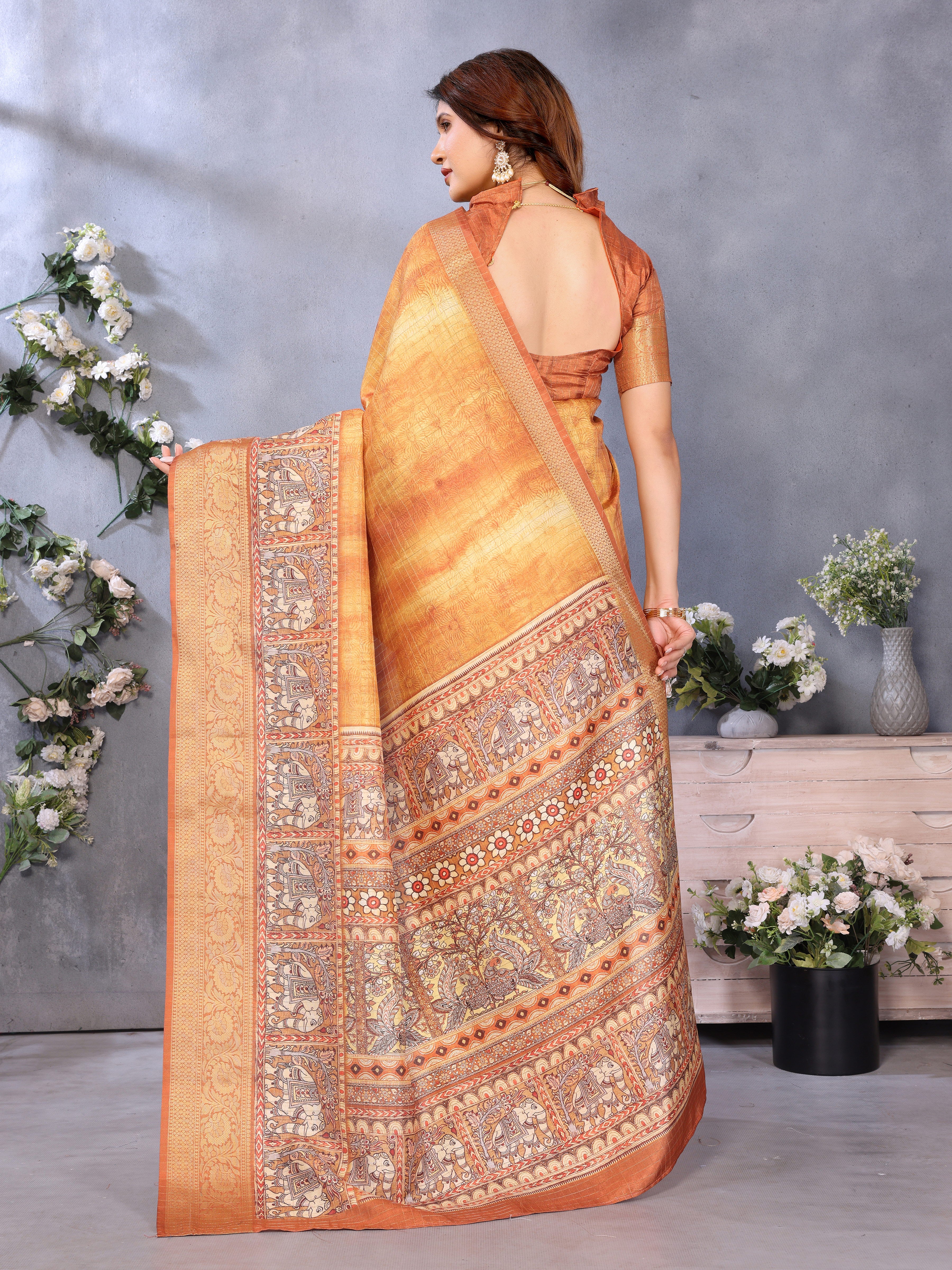 Orange Dola Jacquard Kalamkari Inspired Digital Print