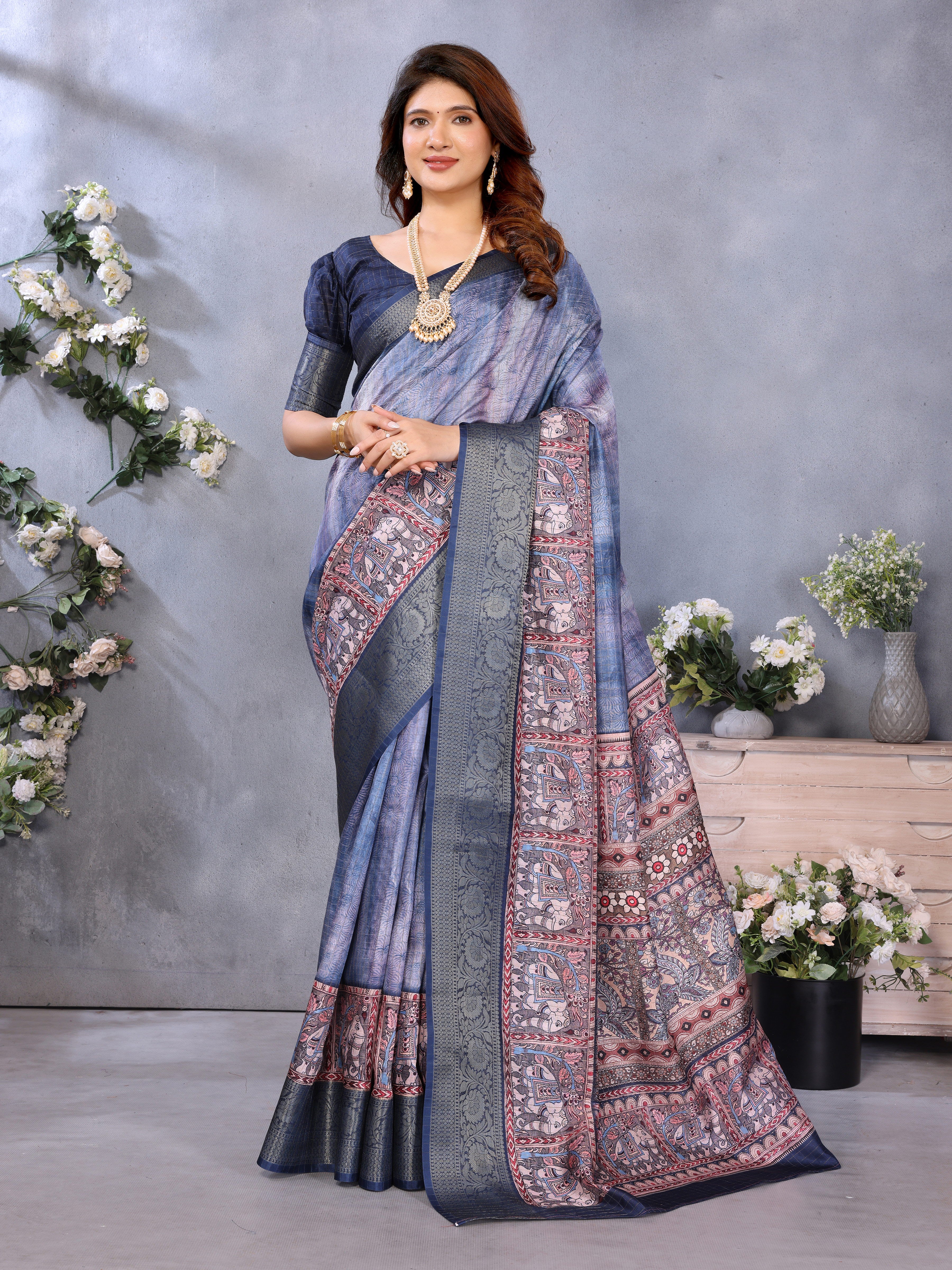Indigo Blue Dola Jacquard Kalamkari Inspired Digital Print