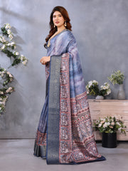 Indigo Blue Dola Jacquard Kalamkari Inspired Digital Print