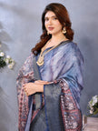 Indigo Blue Dola Jacquard Kalamkari Inspired Digital Print