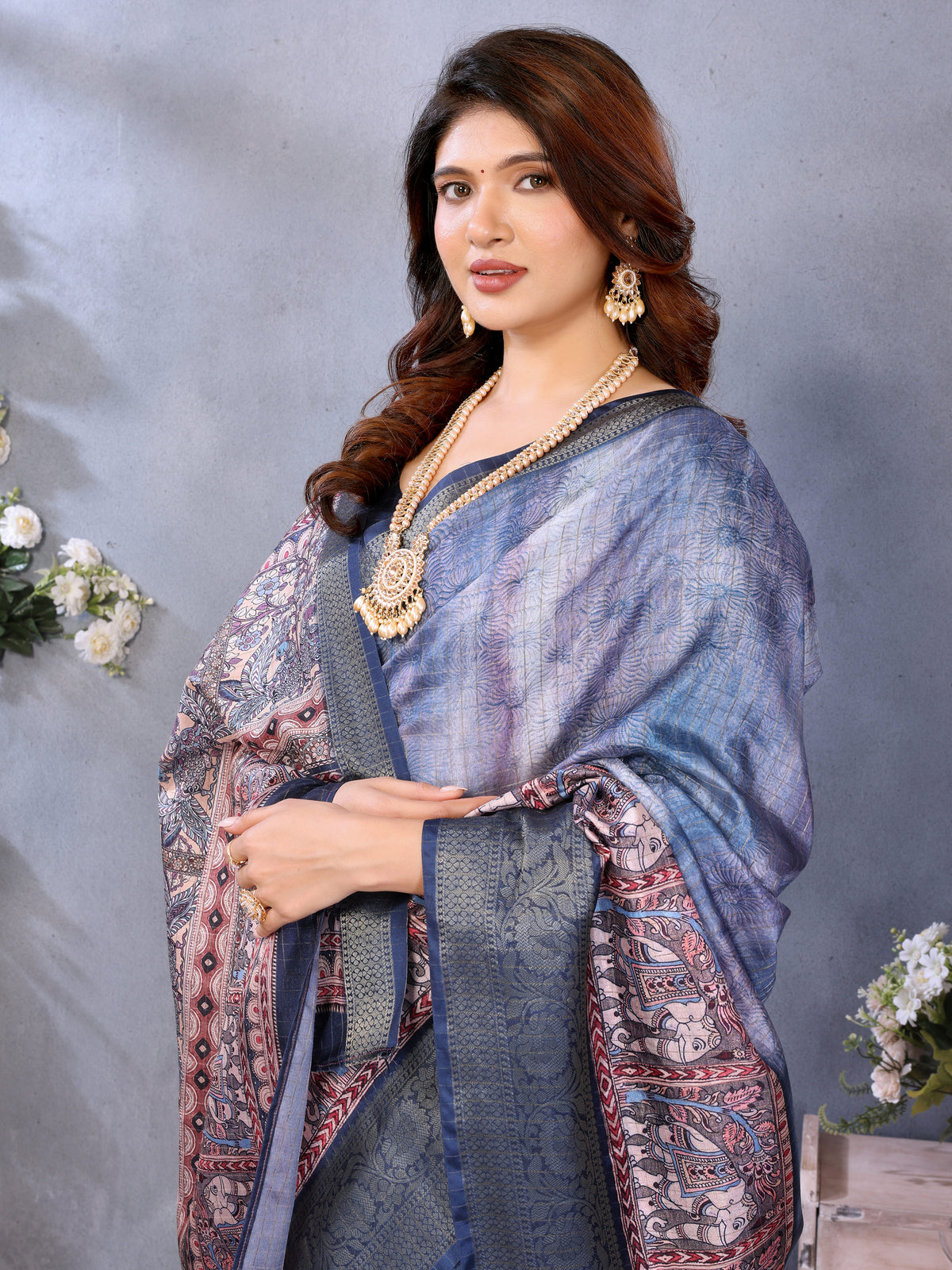 Indigo Blue Dola Jacquard Kalamkari Inspired Digital Print