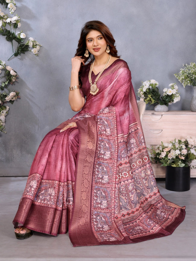 Wine Dola Jacquard Kalamkari Inspired Digital Print