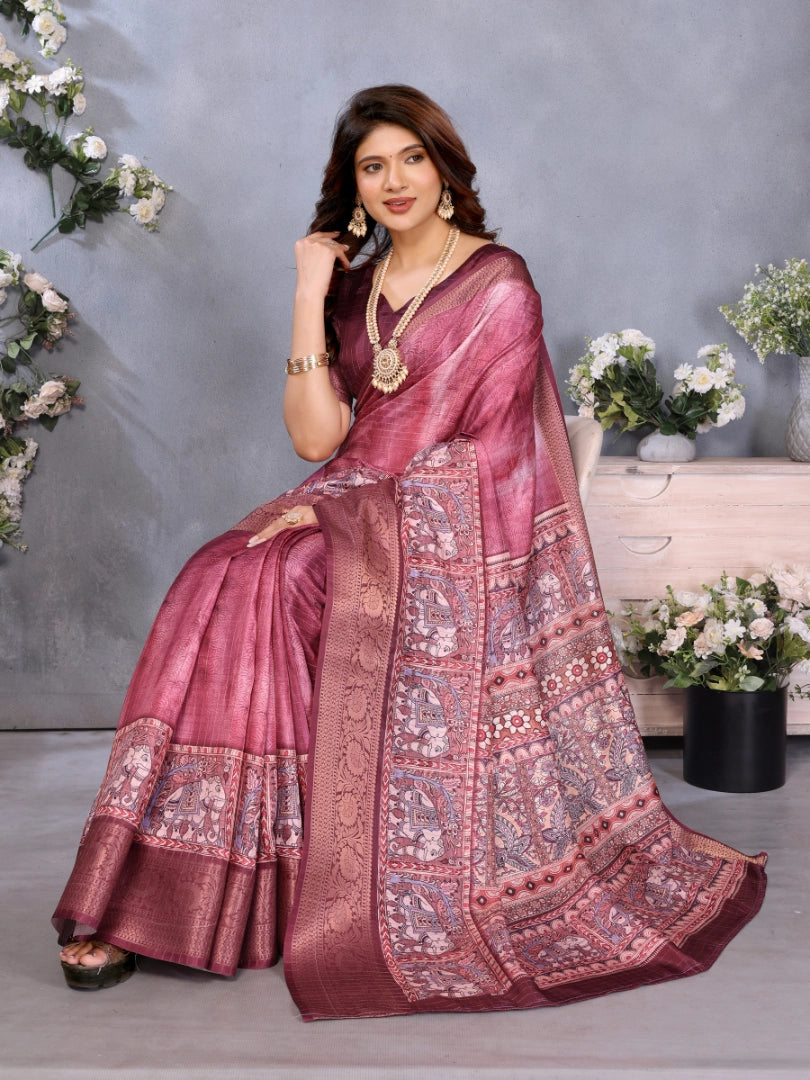 Wine Dola Jacquard Kalamkari Inspired Digital Print