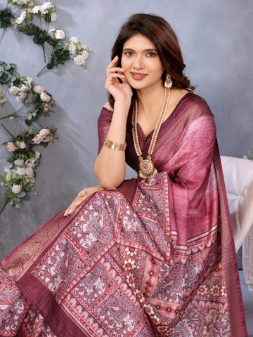 Wine Dola Jacquard Kalamkari Inspired Digital Print