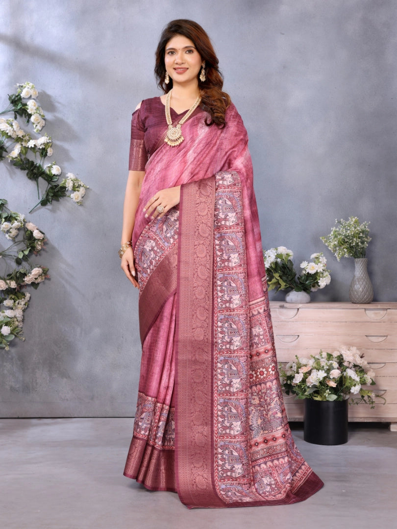 Wine Dola Jacquard Kalamkari Inspired Digital Print