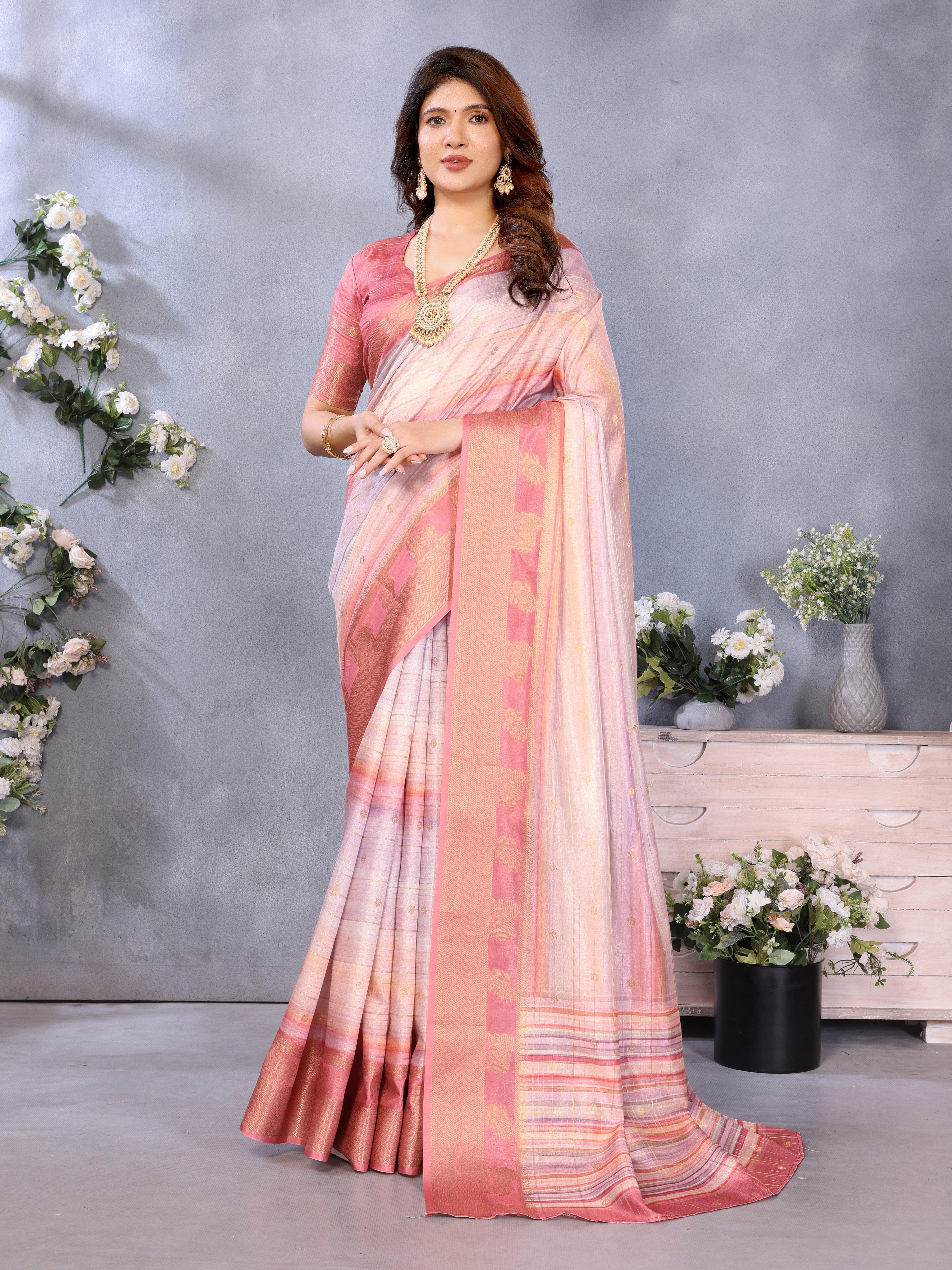 Light Pink Banarasi Jacquard Stripped Pattern Digital print