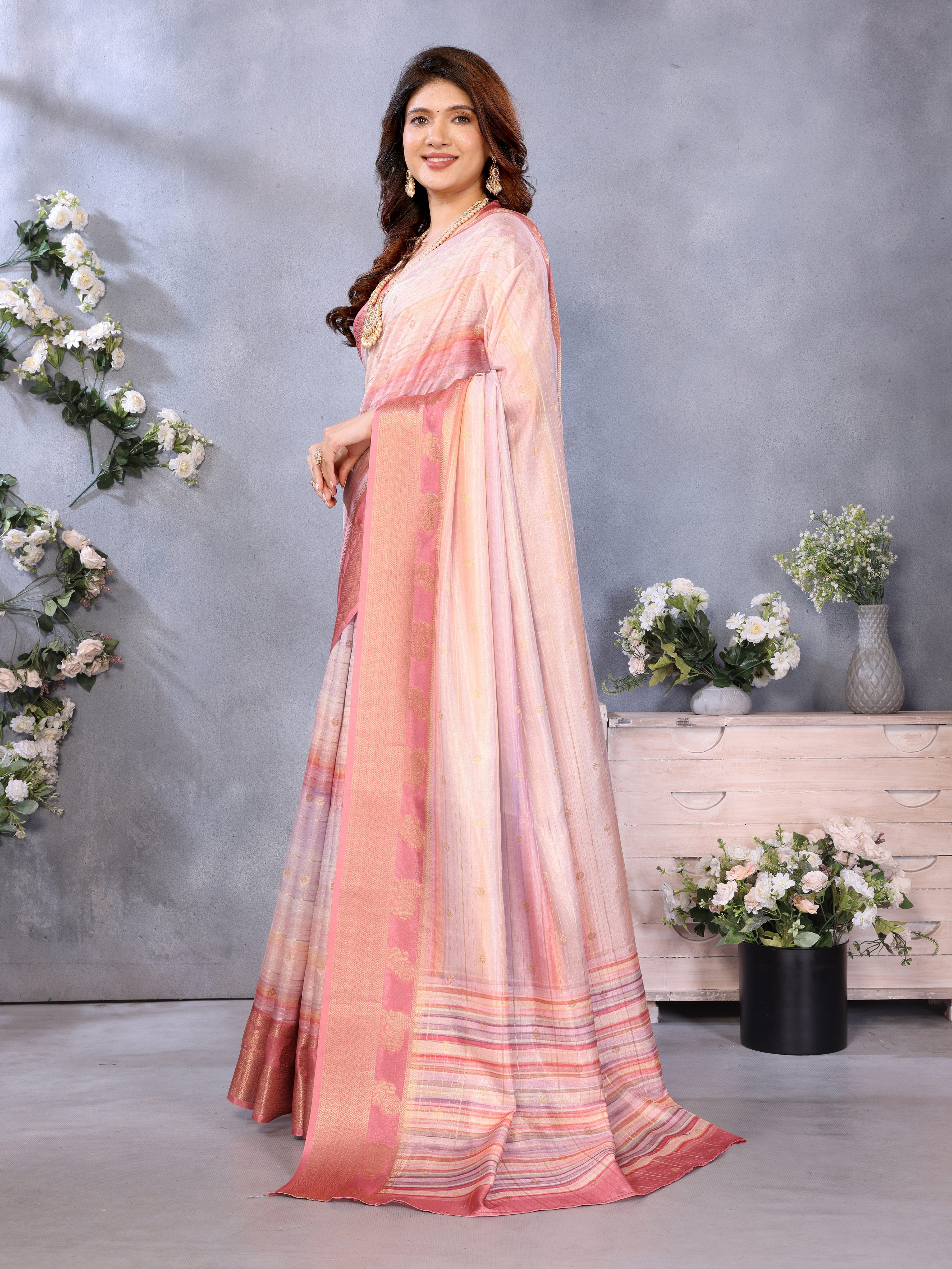 Light Pink Banarasi Jacquard Stripped Pattern Digital print