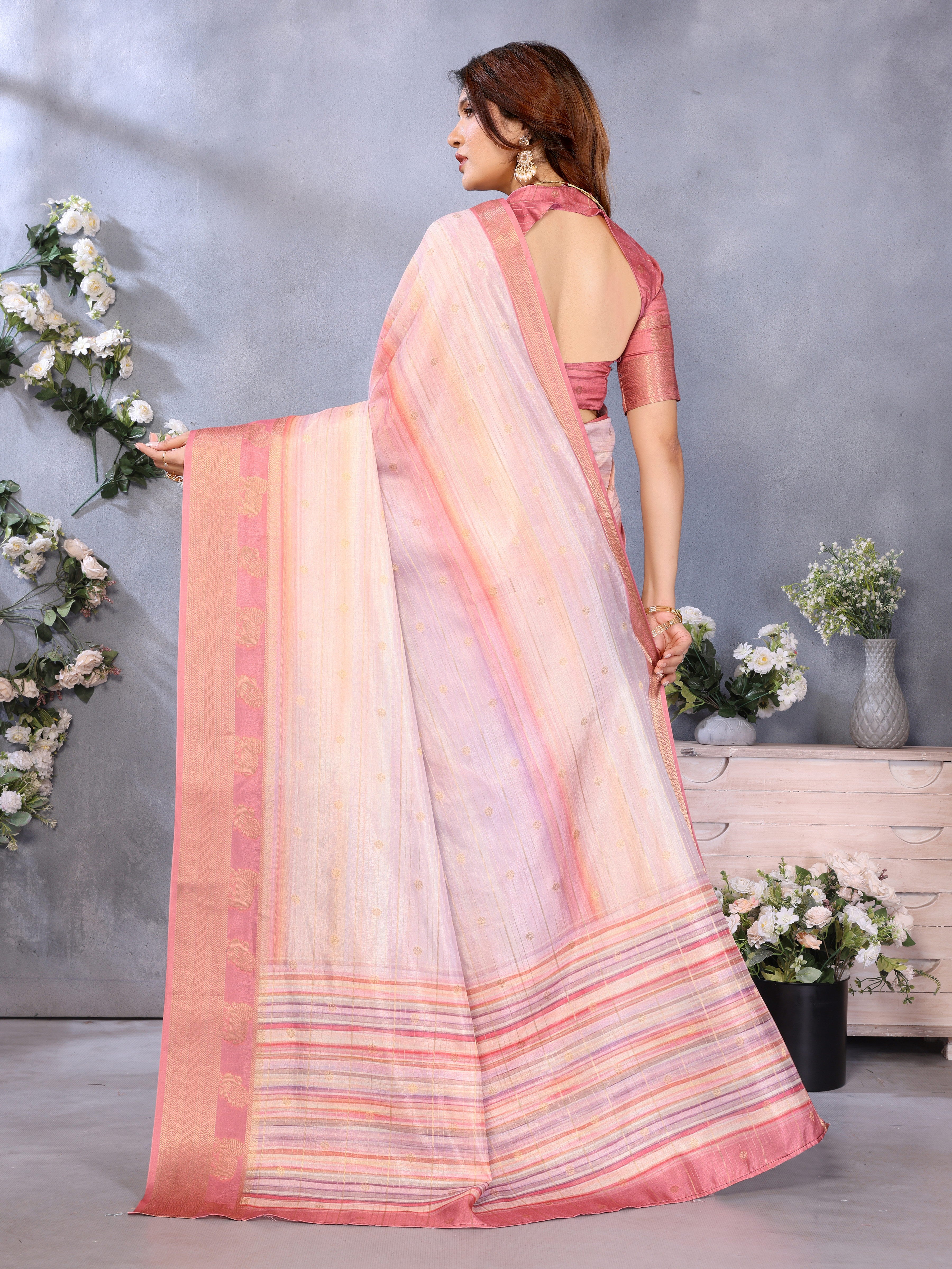 Light Pink Banarasi Jacquard Stripped Pattern Digital print