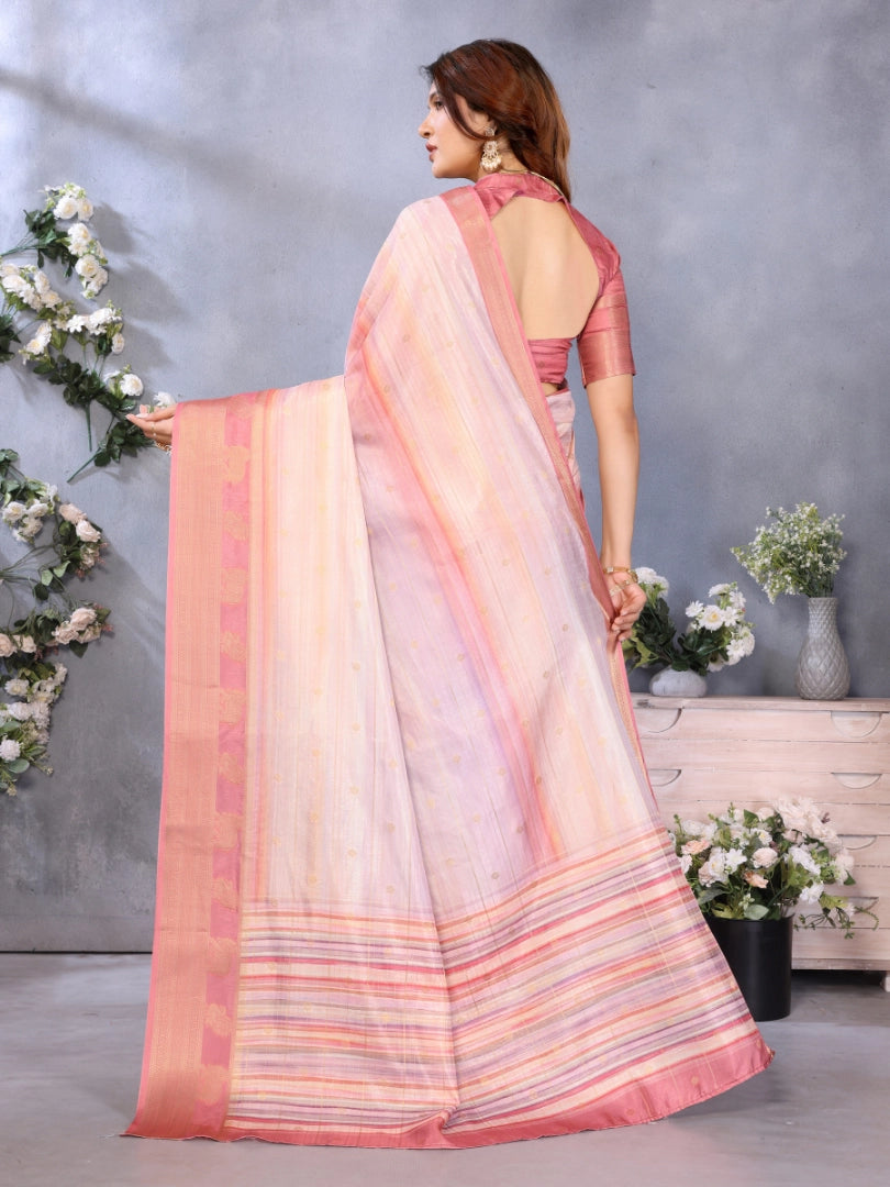 Light Pink Dola Silk Stripped Printed Saree