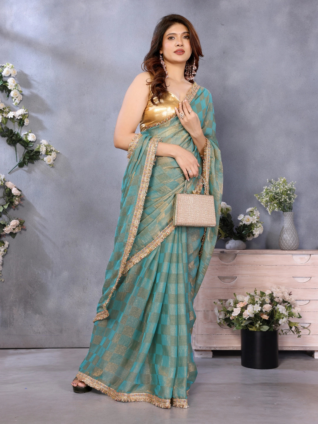 Sea Green Chiffon Checks with Sequin Embroidery Border Main image