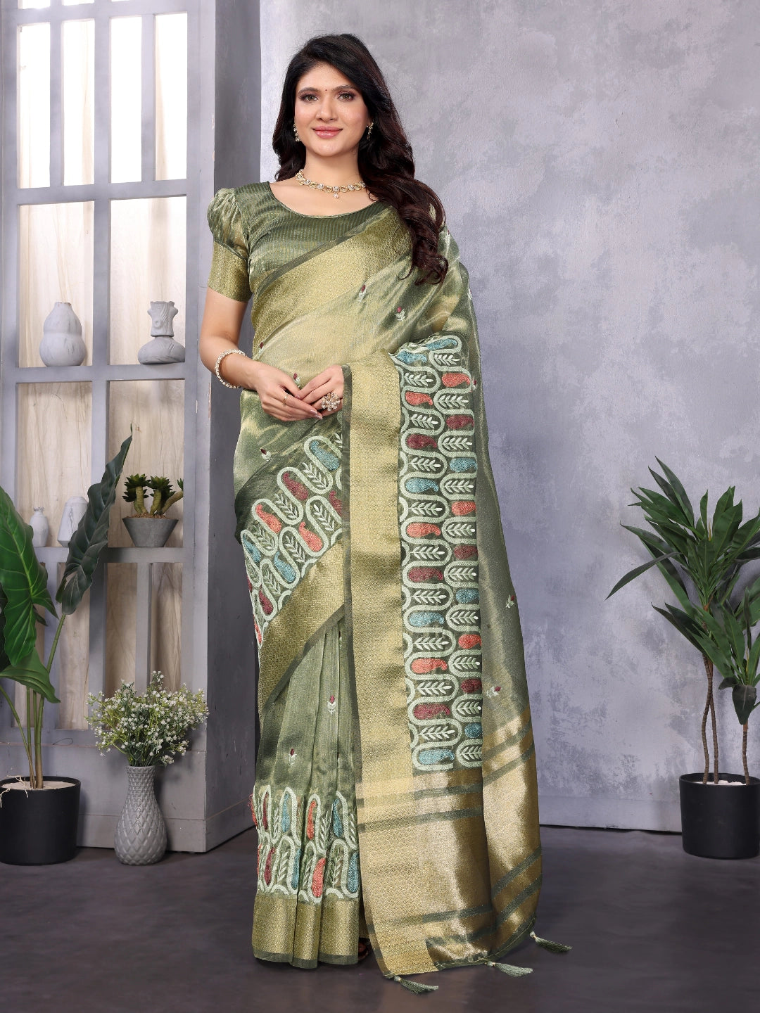 Green Cotton Khadi Silk Saree