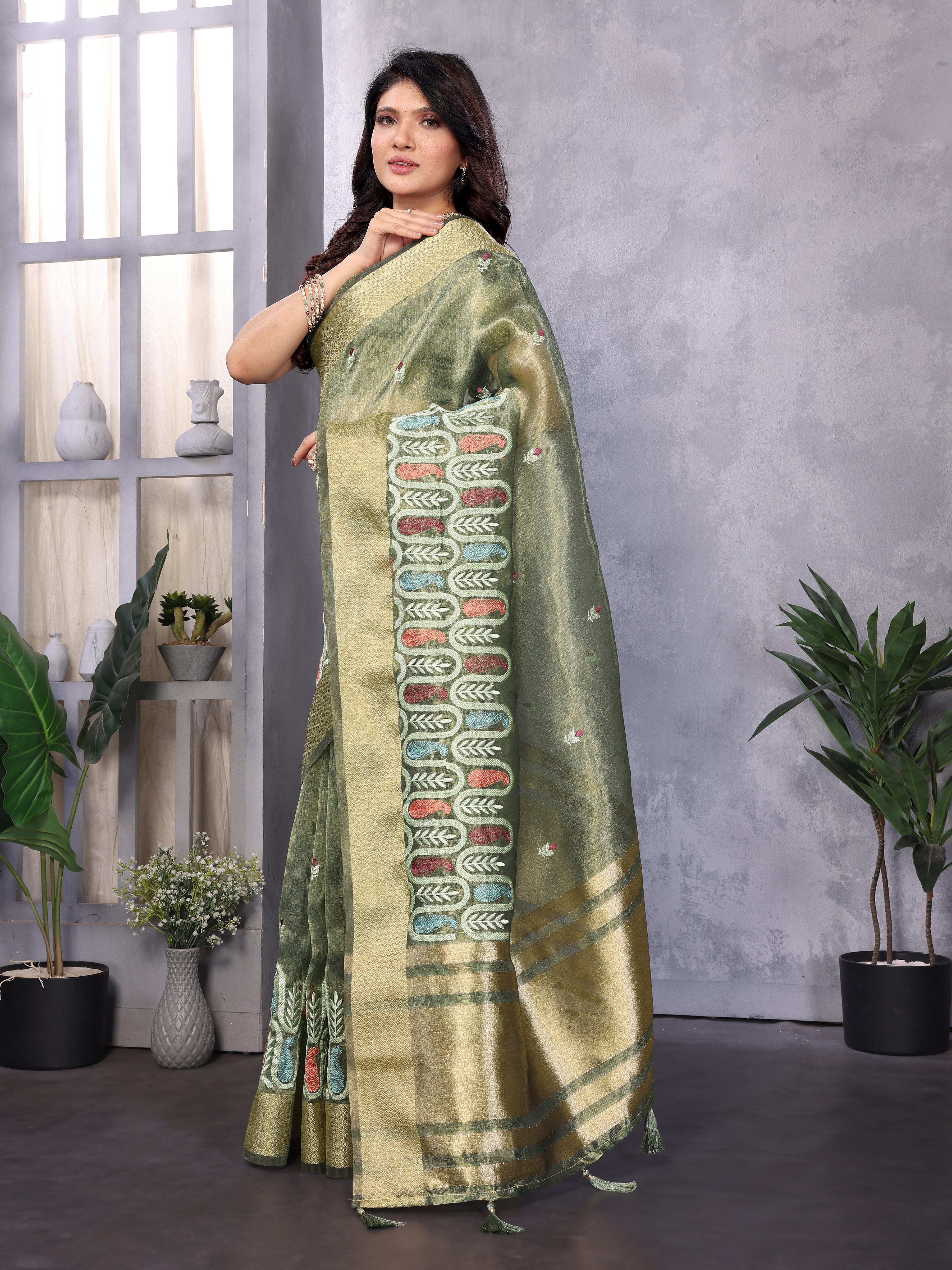 Green Cotton Khadi SIlk Saree with Siquence Work