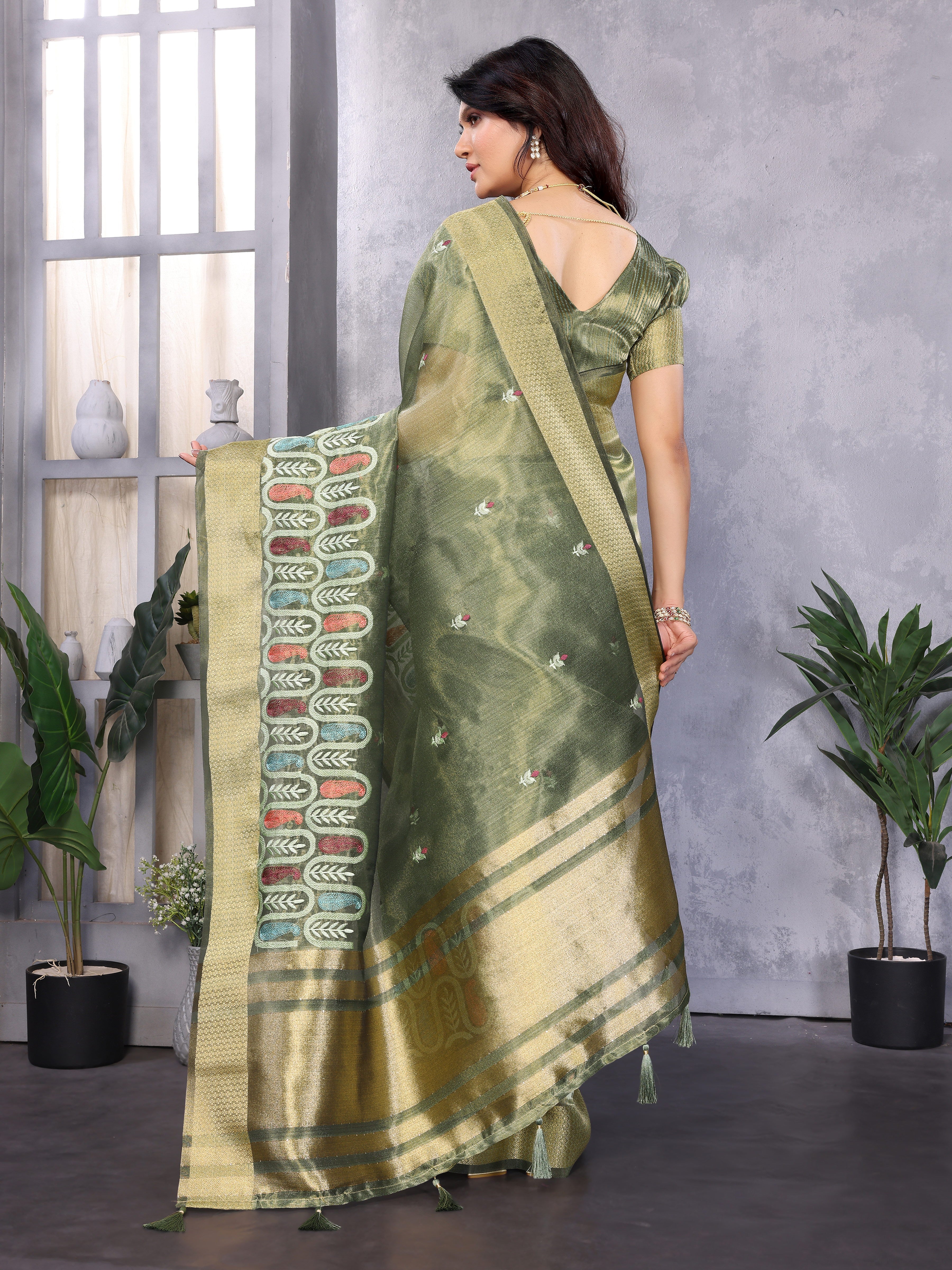 Green Cotton Khadi SIlk Saree with Siquence Work