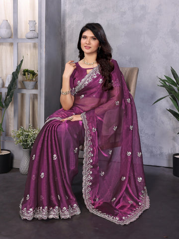 Purple Satin Silk Embroidered Saree