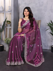 Purple Jimmy Choo Silk Saree With Multi Colour Embroidery Work