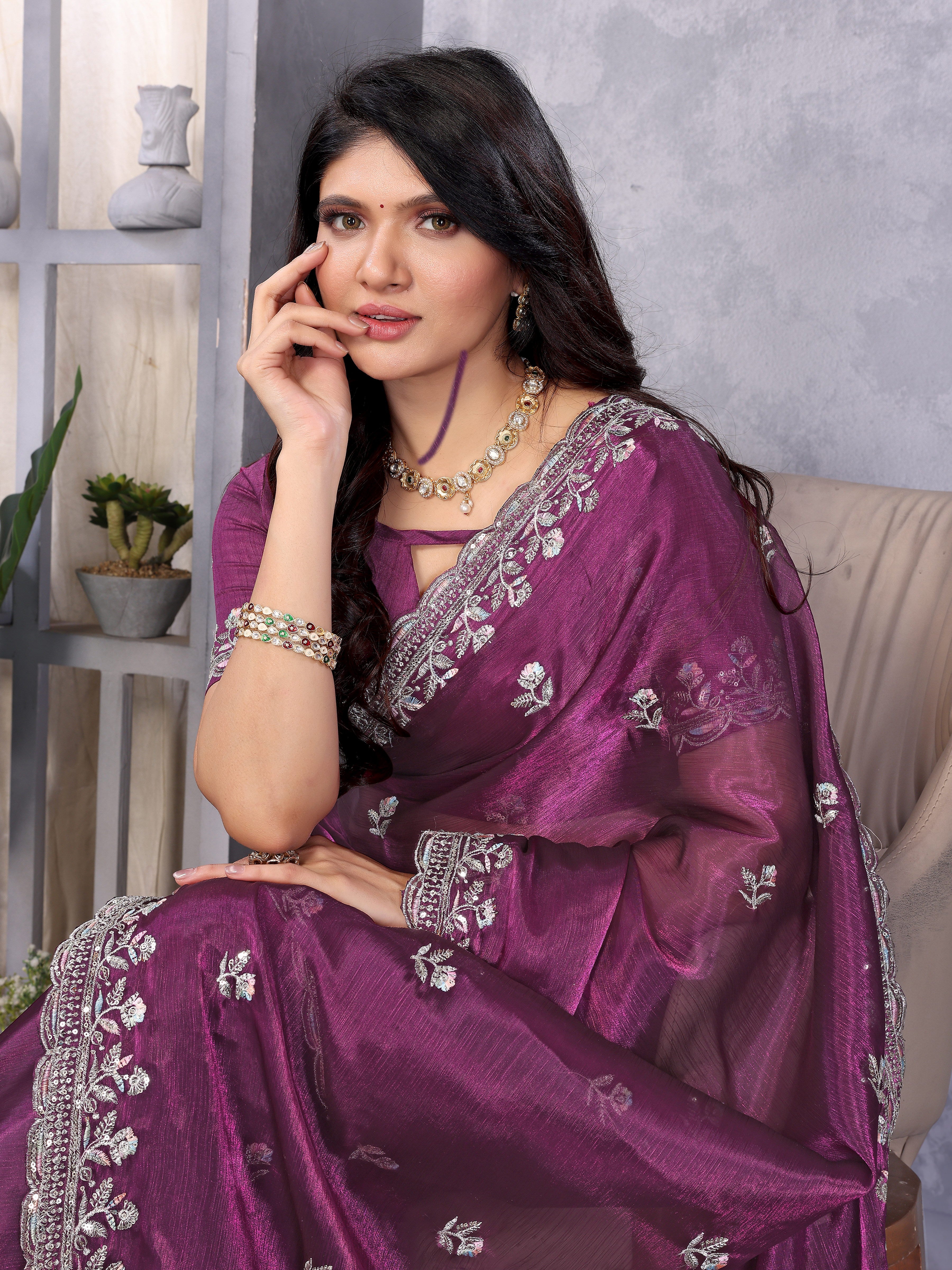 Purple Jimmy Choo Silk Saree With Multi Colour Embroidery Work