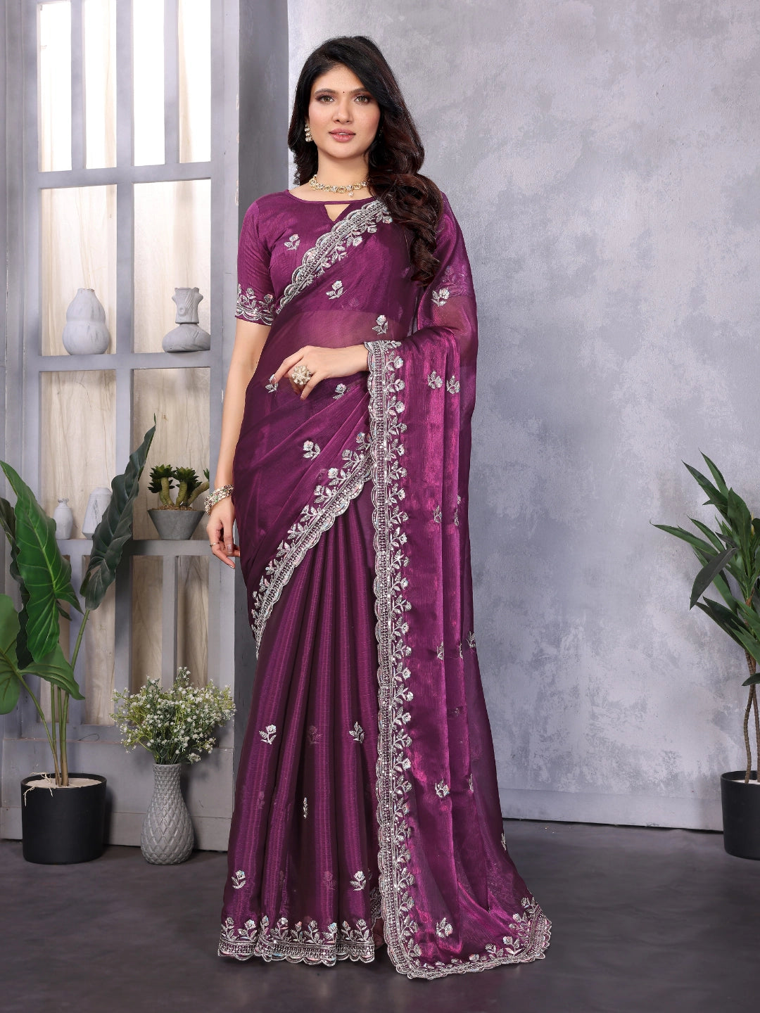 Purple Satin Silk Embroidered Saree