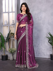 Purple Jimmy Choo Silk Saree With Multi Colour Embroidery Work