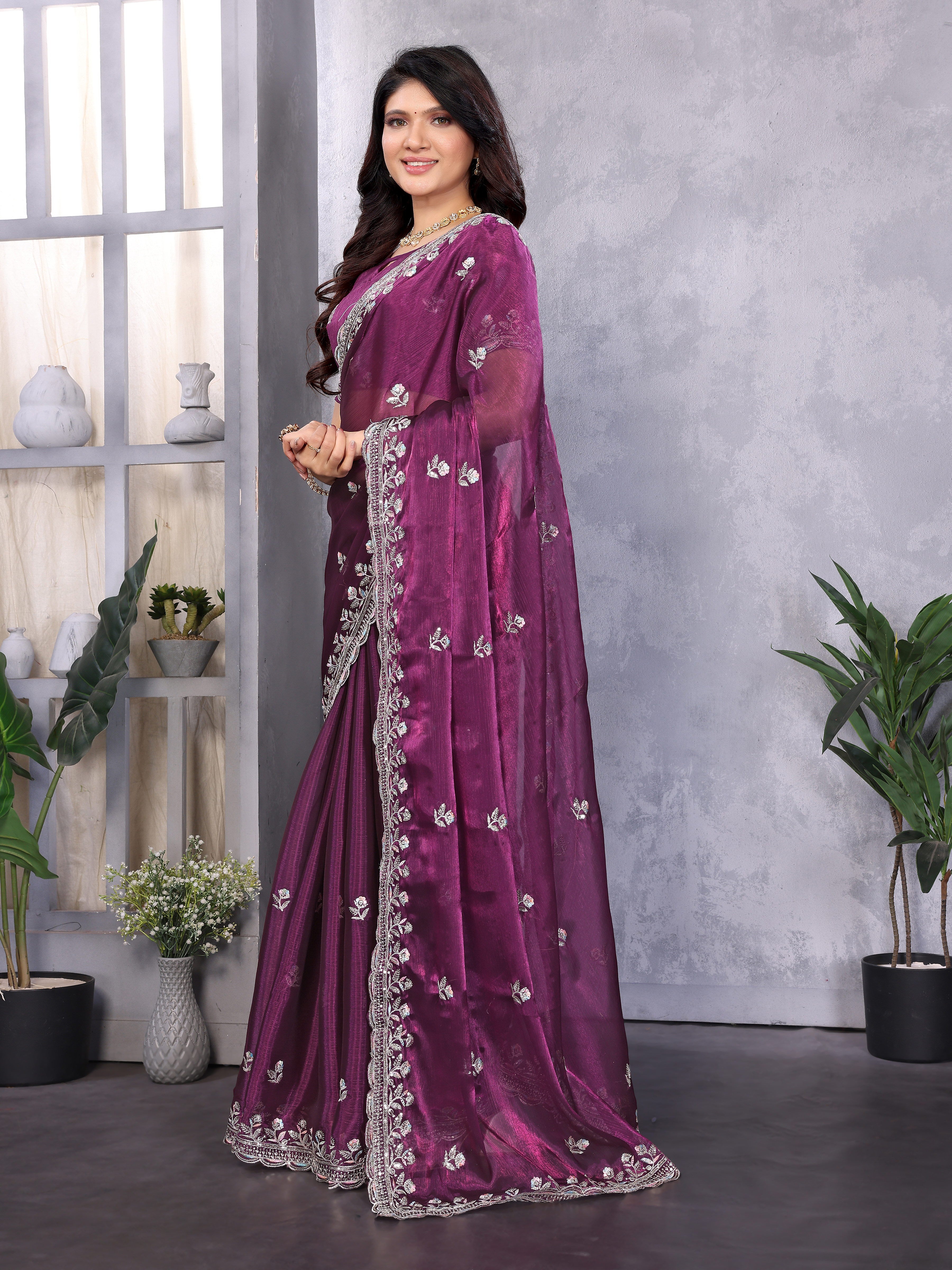 Purple Jimmy Choo Silk Saree With Multi Colour Embroidery Work