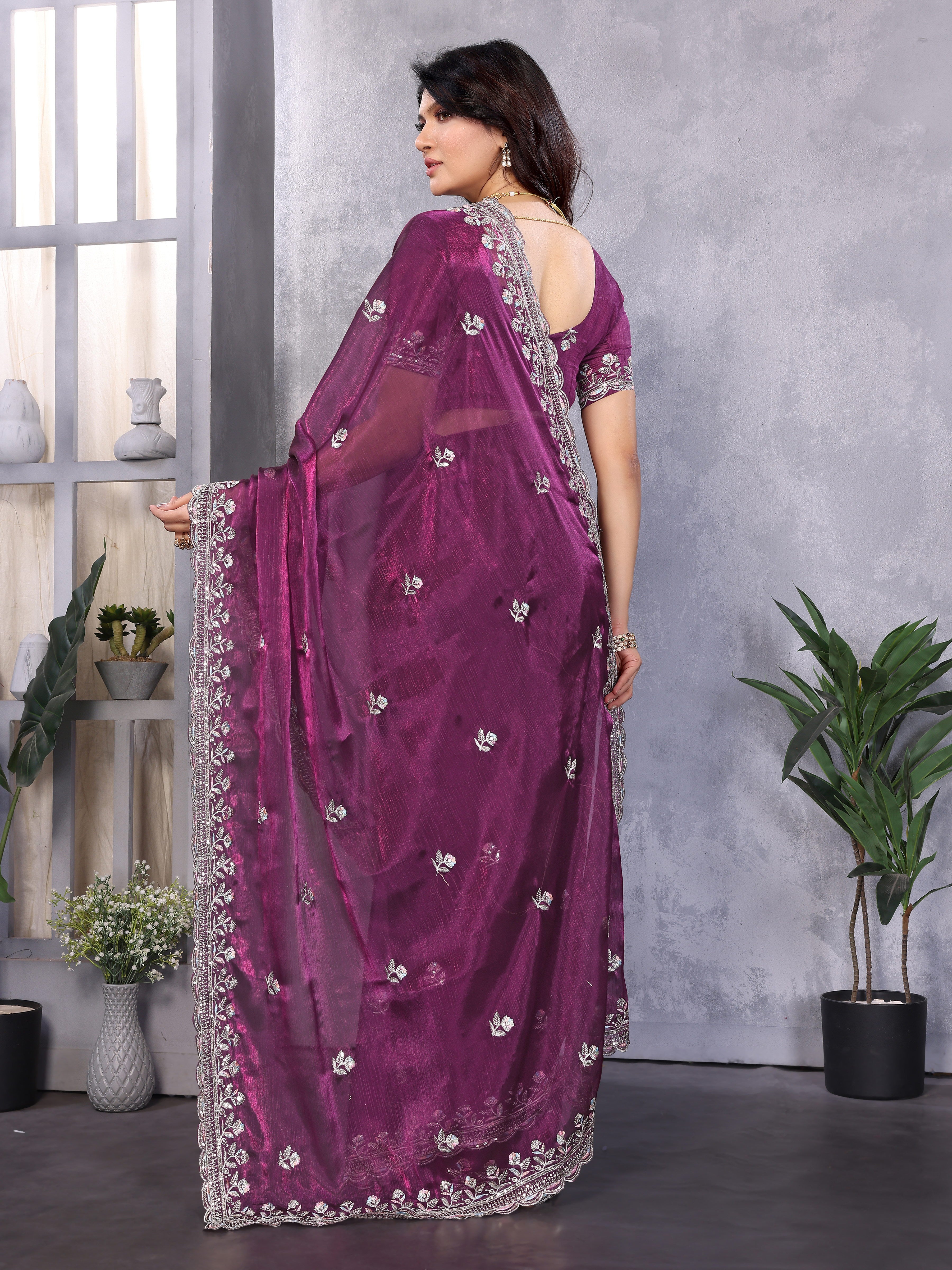 Purple Jimmy Choo Silk Saree With Multi Colour Embroidery Work