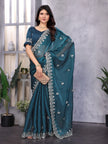 Blue Satin Silk Embroidered Saree