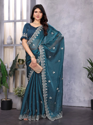 Blue Satin Silk Embroidered Saree